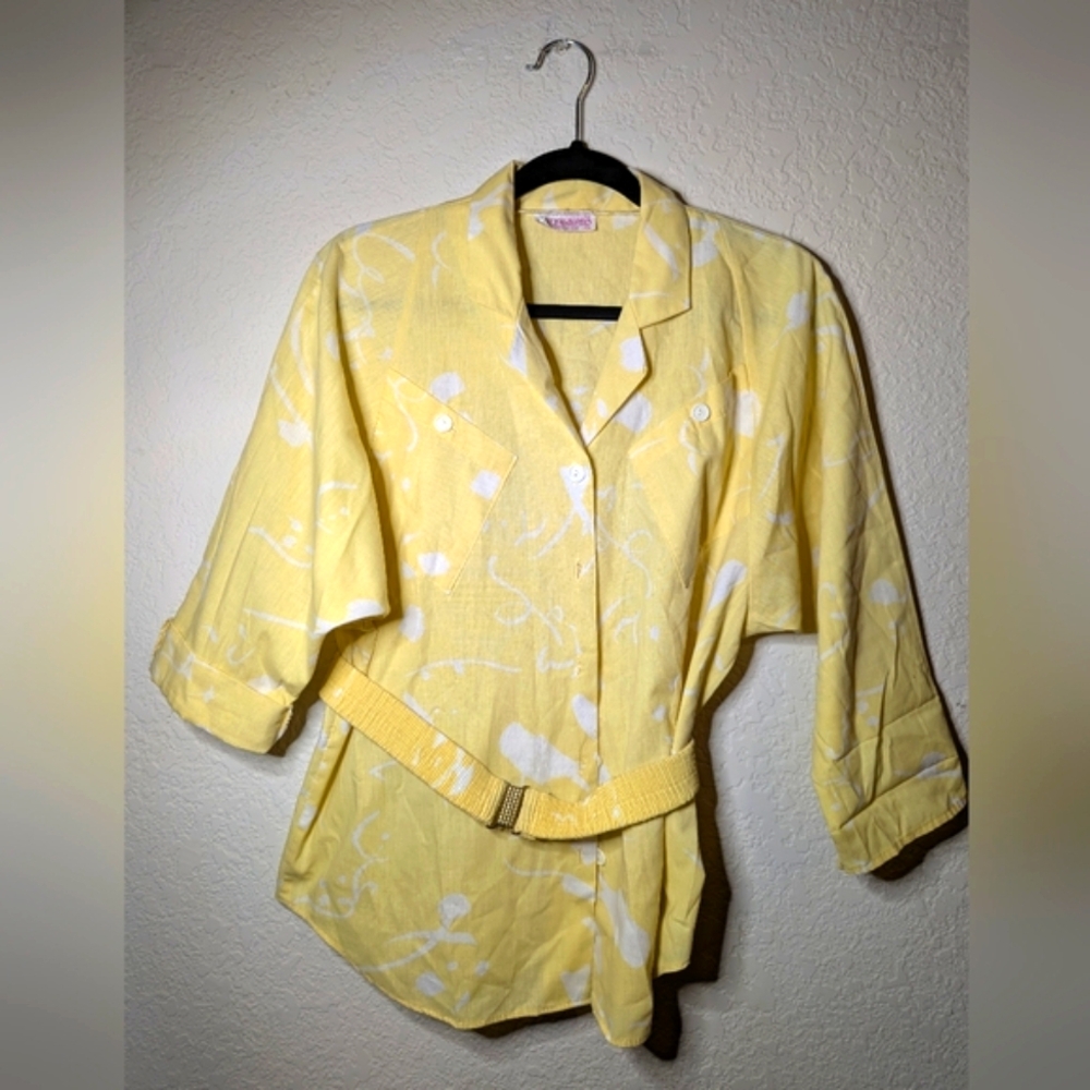 Vintage Yellow Button-Up Shirt with Belt